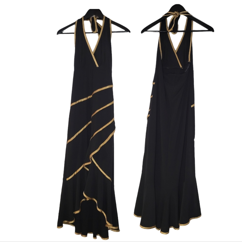 Frank Lyman design women's black with gold trim ruffled party dress